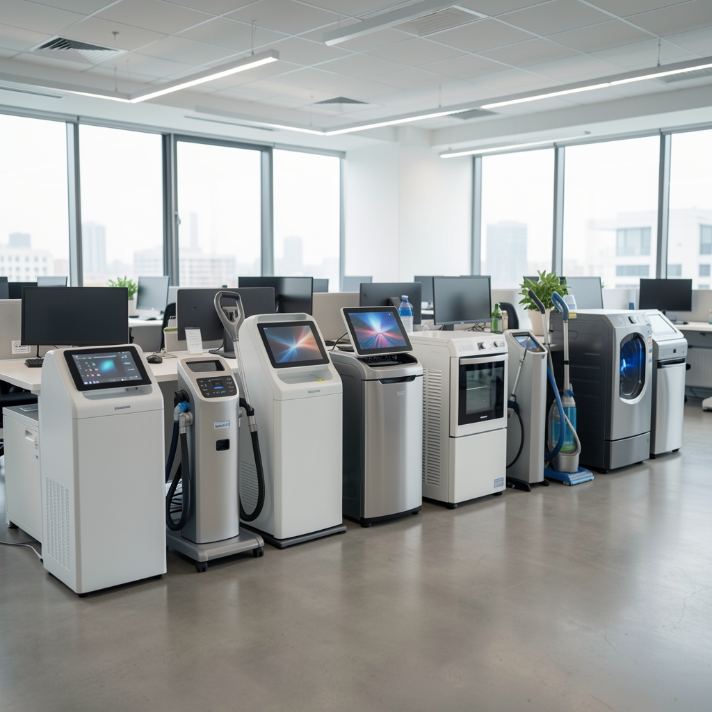 Modern ofis ortamında sıralanmış çeşitli akıllı ev temizlik ekipmanları ve elektronik cihazlar