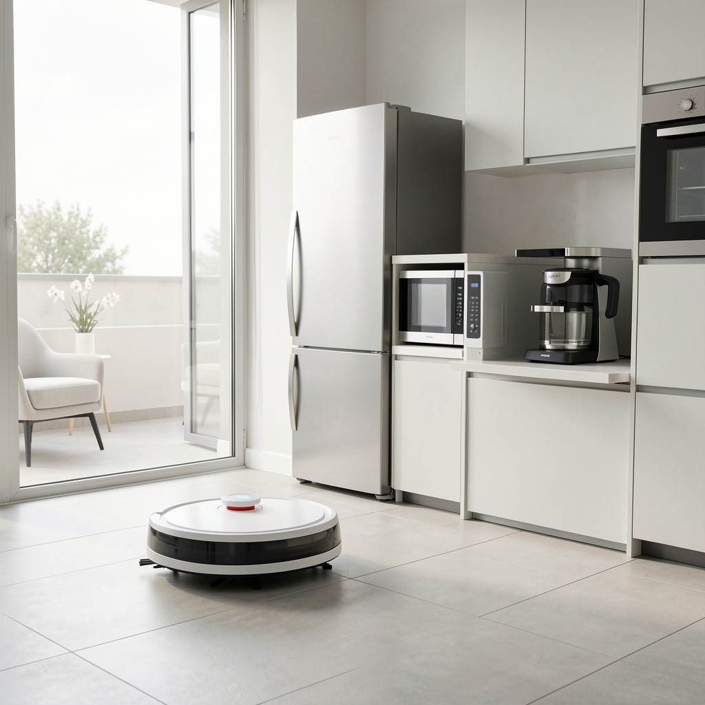 Modern temiz bir ev ortamında robot süpürge ve akıllı ev ekipmanları